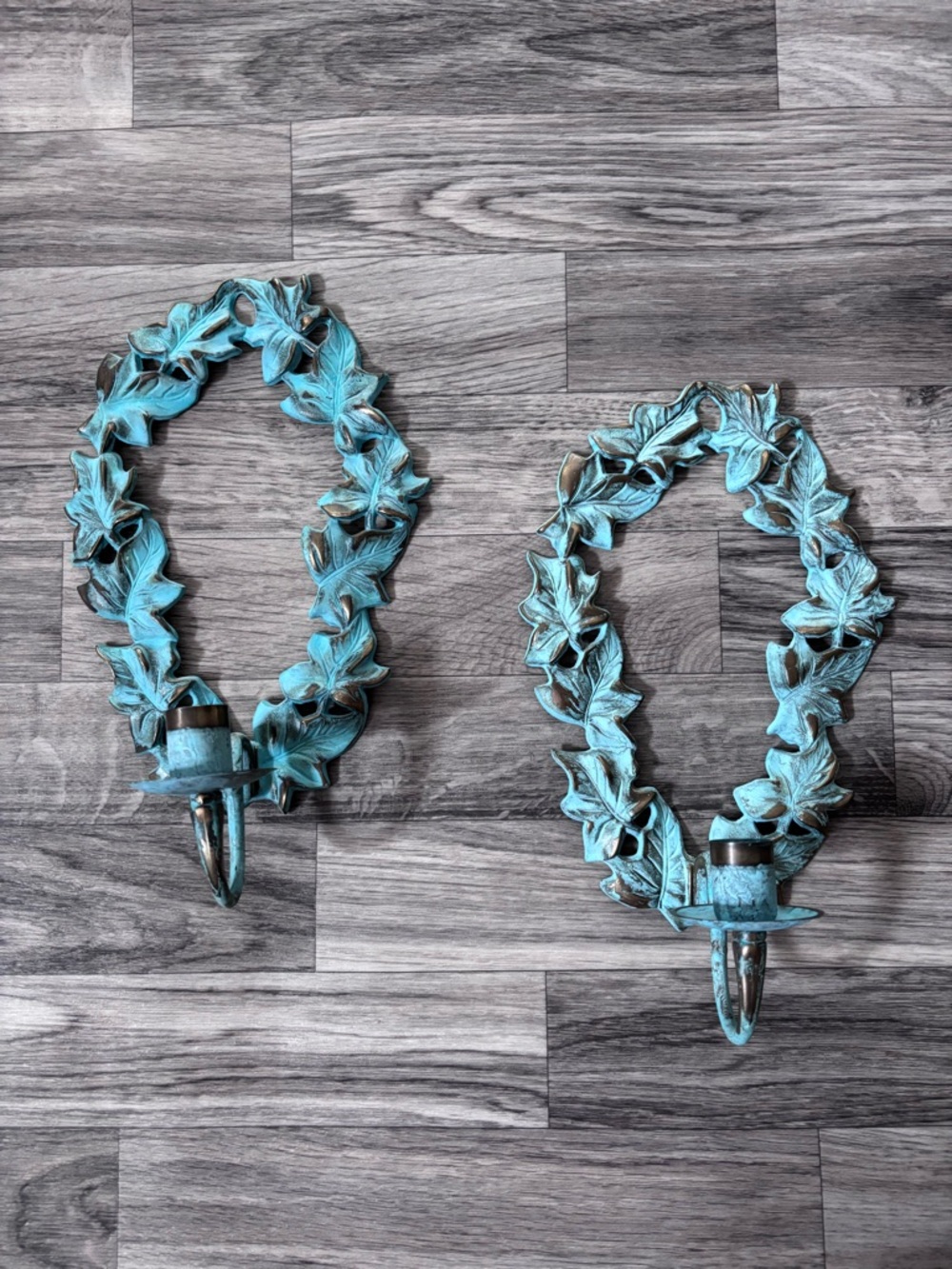 Vintage Brass Verdigris Candlestick Holders Wall Mount Style, Laurel Leaf Design